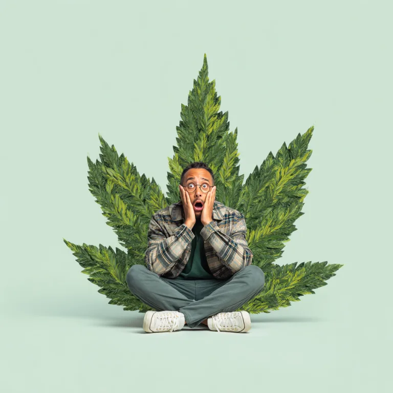 Geschockte Person vor einem Cannabis Blatt