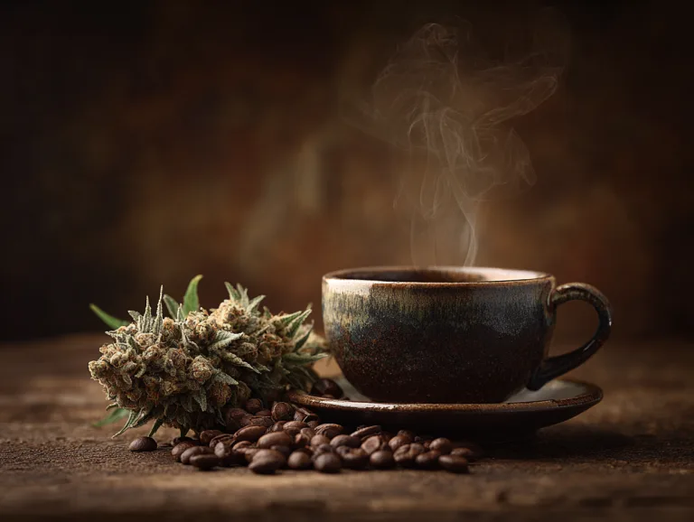 Eine Blüte Cannabis neben einer Tasse Kaffee