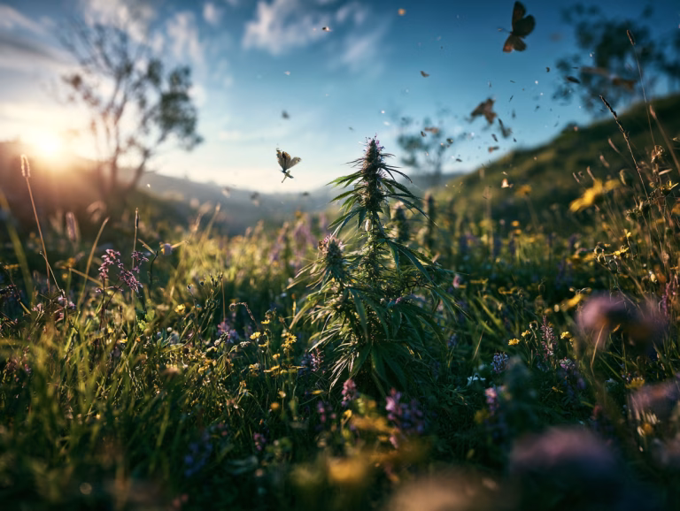 Cannabispflanze in einer Blumenwiese