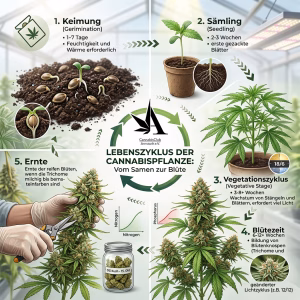 Lebenszyklus der Cannabispflanze vom Samen bis zur Bluete