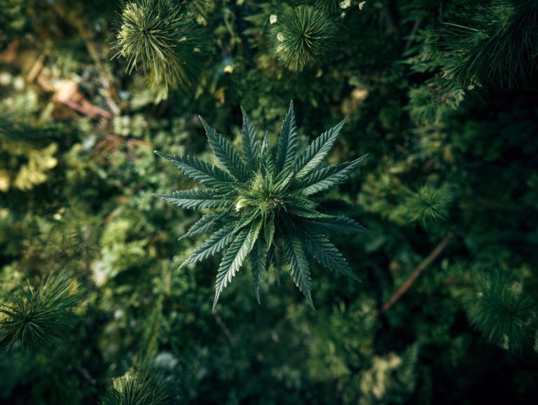 Cannabispflanze mit Pinen in einem Nadelwald
