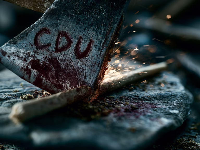 Eine blutige CDU Axt zerteilt einen Joint