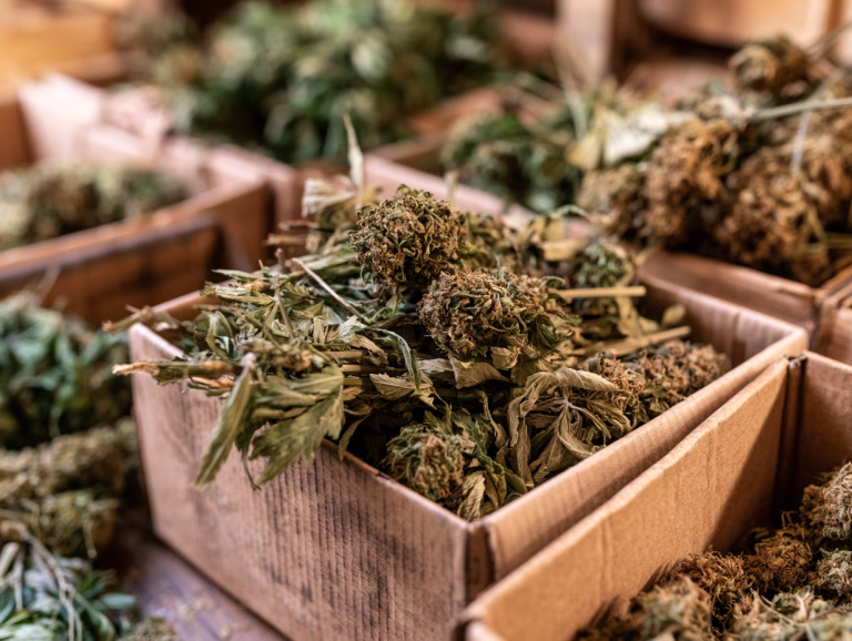 vetrocknete Cannabisblueten in einem Karton
