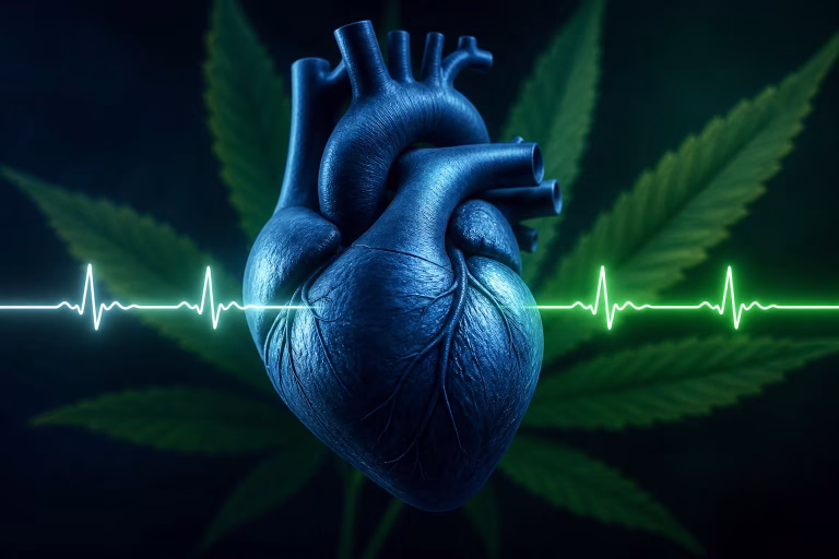 Herz mit Cardiodiagram vor einem Cannabisblatt