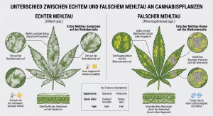Infografik zu Mehltau und seinen Formen auf einer Cannabispflanze