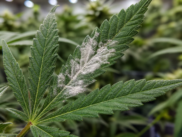 Mehltau auf einem Cannabisblatt