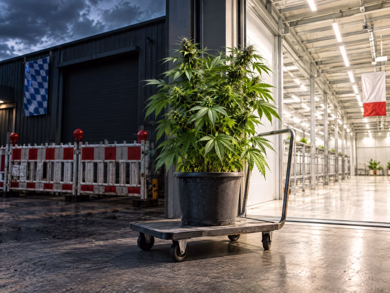 Cannabispflanze vor einer Halle in Bayern